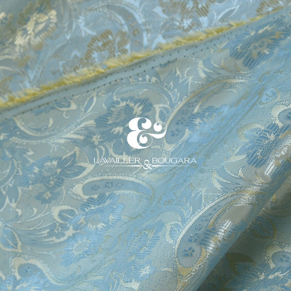 Tela de forro jacquard con estampado floral azul dorado claro, corte personalizado, estilo princesa francesa, estilo escuela vintage, para cortina y mantel.