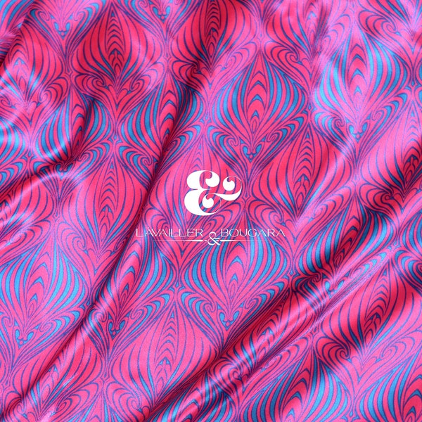 Pink Blue Art Nouveau Print | Charmeuse Fabric - Custom Cut By the Yard | Hot Magenta Shiny Glossy Abstract Bright Fashion Patterned Luxury