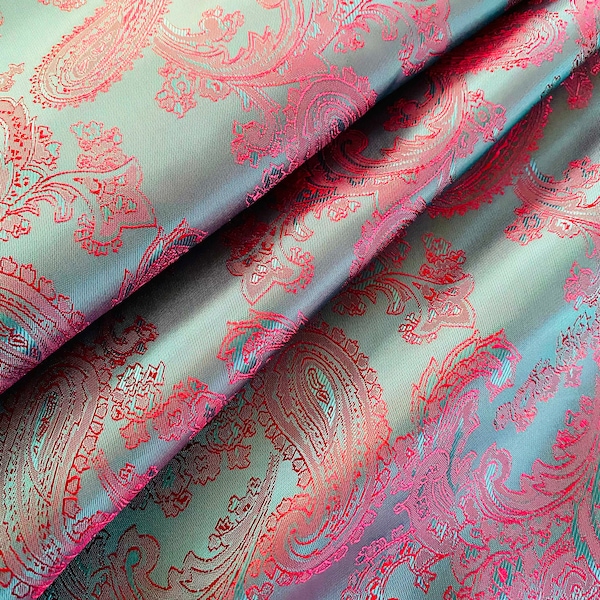 Red Teal Green Paisley | Jacquard Lining Fabric - Custom Cut By the Yard | Christmas Inspiration Bowtie 1960s Wrap Dressing Up Winter Formal