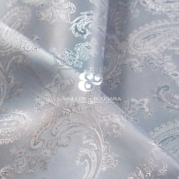 Silver Grey Light Paisley | Jacquard Lining Fabric - Custom Cut By the Yard | Bow Tie Vest Iridescent Metallic Platinum Luxury Handkerchief