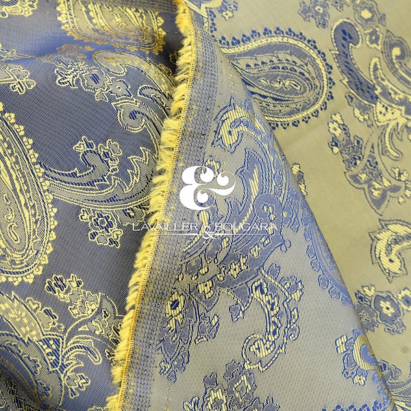 Gold Blue Paisley | Jacquard Lining Fabric - Custom Cut By the Yard | Wedding Mens Metallic Samples Pattern Shirts Cufflinks Scarves Royalty