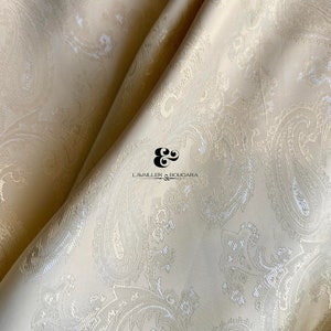 Ivory Beige Gold Light Paisley | Jacquard Lining Fabric - Custom Cut By the Yard | Seamstress DIY Tawny Muted Color Weddings Celestial Decor