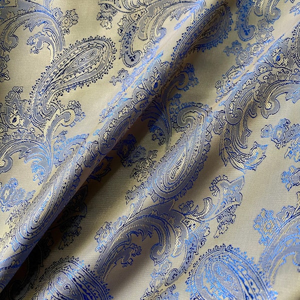 Tawny Silver Gold Blue Paisley | Jacquard Lining Fabric - Custom Cut By the Yard | Color Shift Shiny 1970s Wedding Party Bohemian Metallic