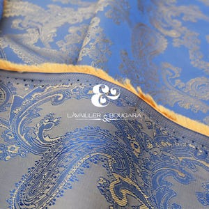 Gold Blue Paisley | Jacquard Lining Fabric - Custom Cut By the Yard | Royal Colors Meters After Party Show Clothing Making Frame Bag Gloves