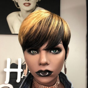 Ready to Wear| Pixie Cut Wig | 100% Human Hair| Honey Blonde w/Brown Tones| Non Lace Glueless unit| CoCoMarie unit