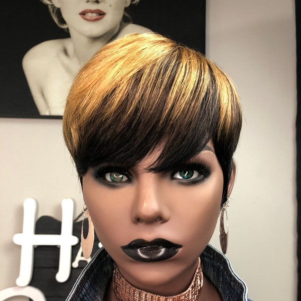 WIG/Pixie Cut/ Human Hair Wig/Honey Blonde w/Brown Tones/No Lace Glueless unit/CoCoMarie unit