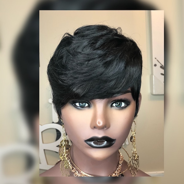 Jet Black Pixie Cut Human Hair Wig: Feathered Bangs, Sleek Back