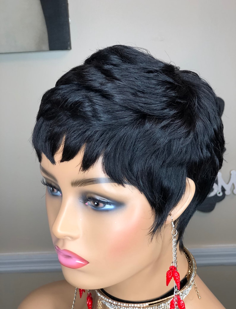 Wig Short Pixie Cut Human Hair With Full Cap Jet Black Etsy