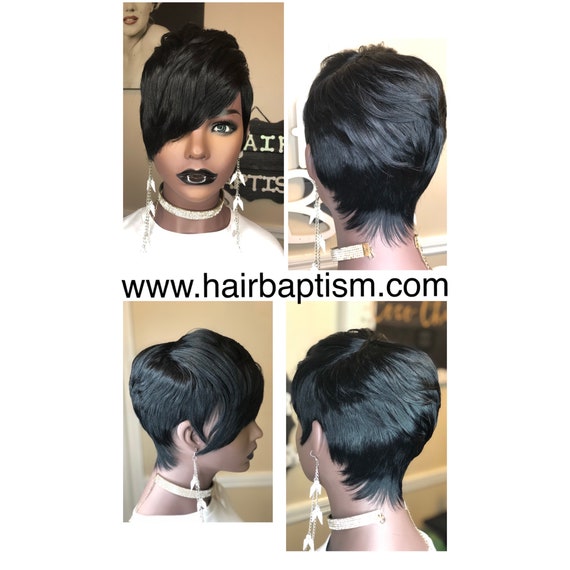 Short Human Hair Wig/ Layered Jet Black Feathered Bang Tapered - Etsy Short Human Hair Wig/ Layered Jet Black Feathered Bang Tapered - Etsy