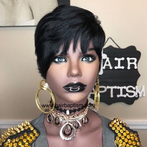 WIG/ short Human Hair Jet Black/Pixie cut w/ Feather side Bang Luxury Virgin Human Hair with Custom color no lace Full Cap