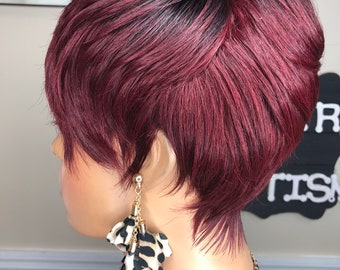 Burgundy Human Hair Wig: Short Feathered Pixie Cut - Etsy display picture 3