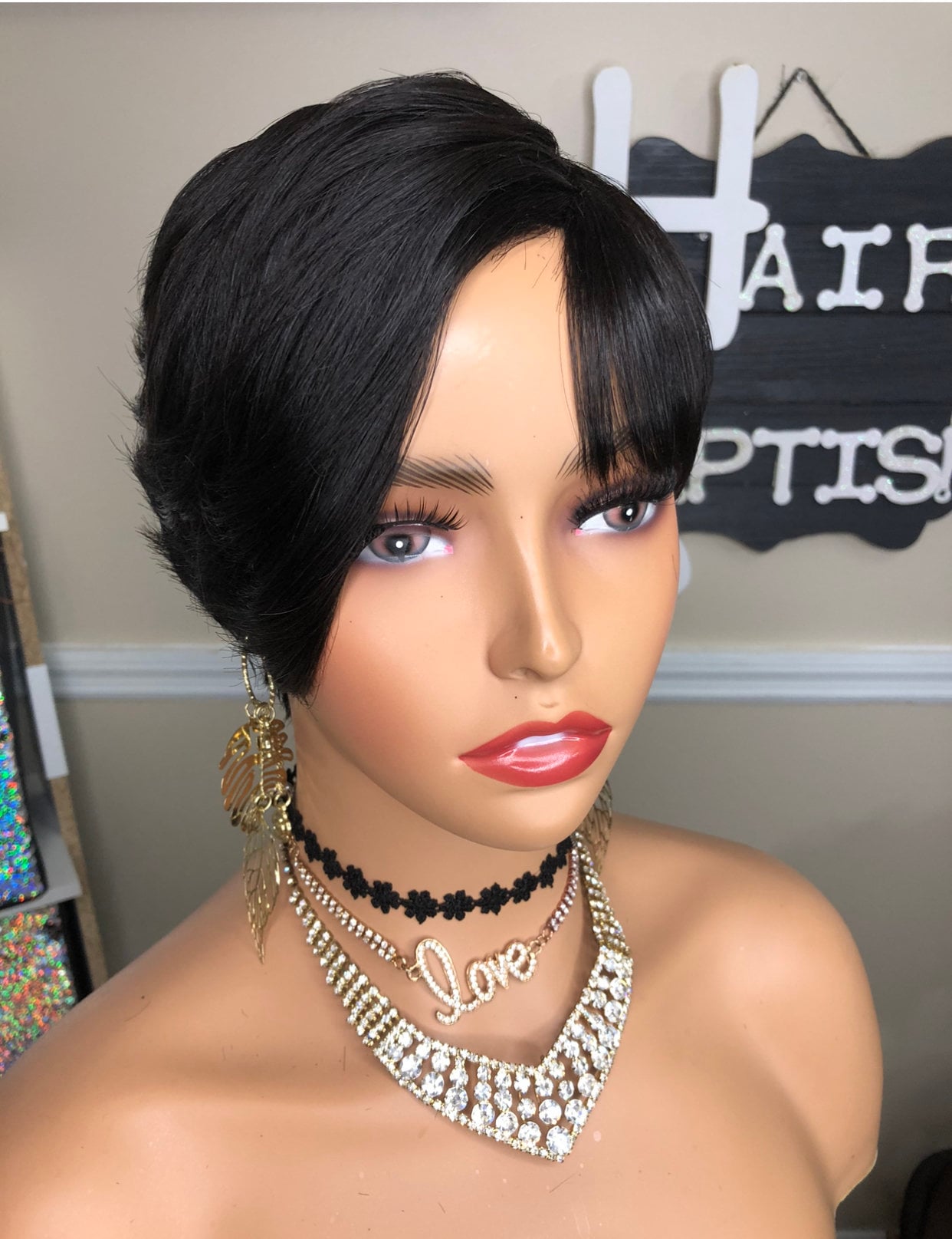 Pixie Cut Virgin Human Hair Wig: Feathered Side Bang, Full 