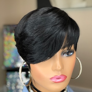 WIG/ Short/ Human Hair with Feathered bang and stacked Feather Back/Jet Black no lace Full Cap Wig
