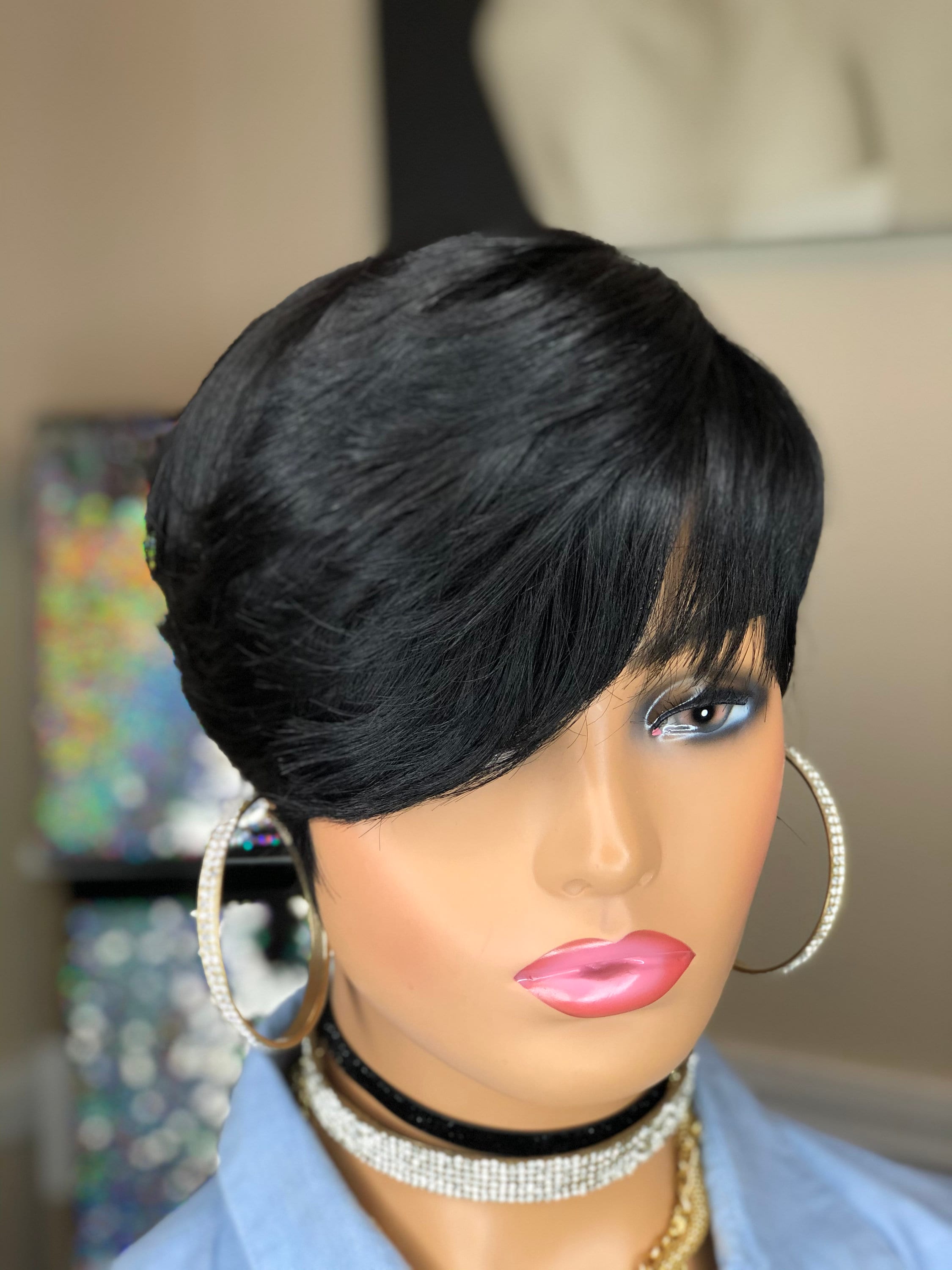 WIG/ Short/ Human Hair With Feathered Bang and Stacked Feather - Etsy WIG/ Short/ Human Hair With Feathered Bang and Stacked Feather - Etsy