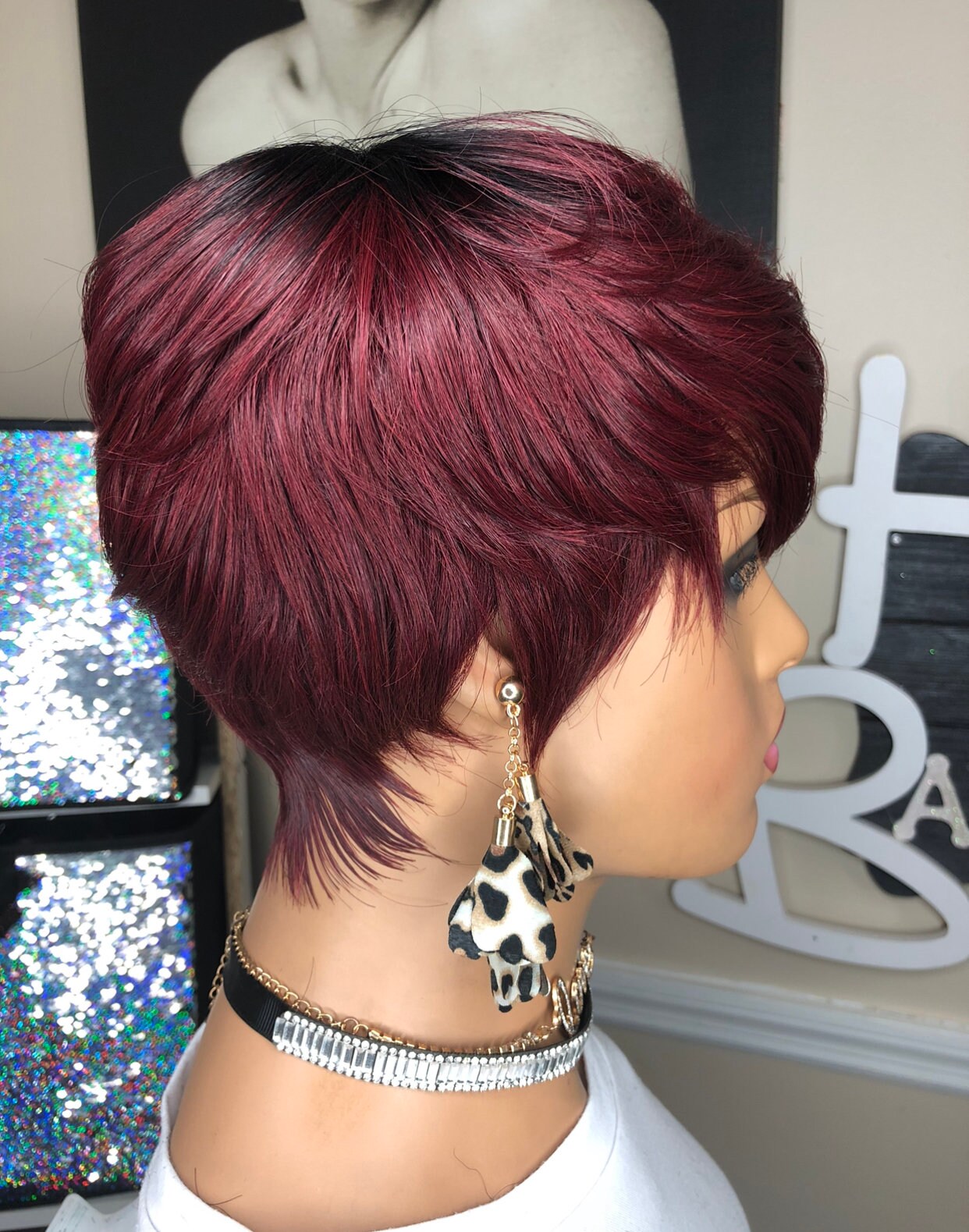Burgundy Human Hair Wig: Short Feathered Pixie Cut - Etsy display picture 1