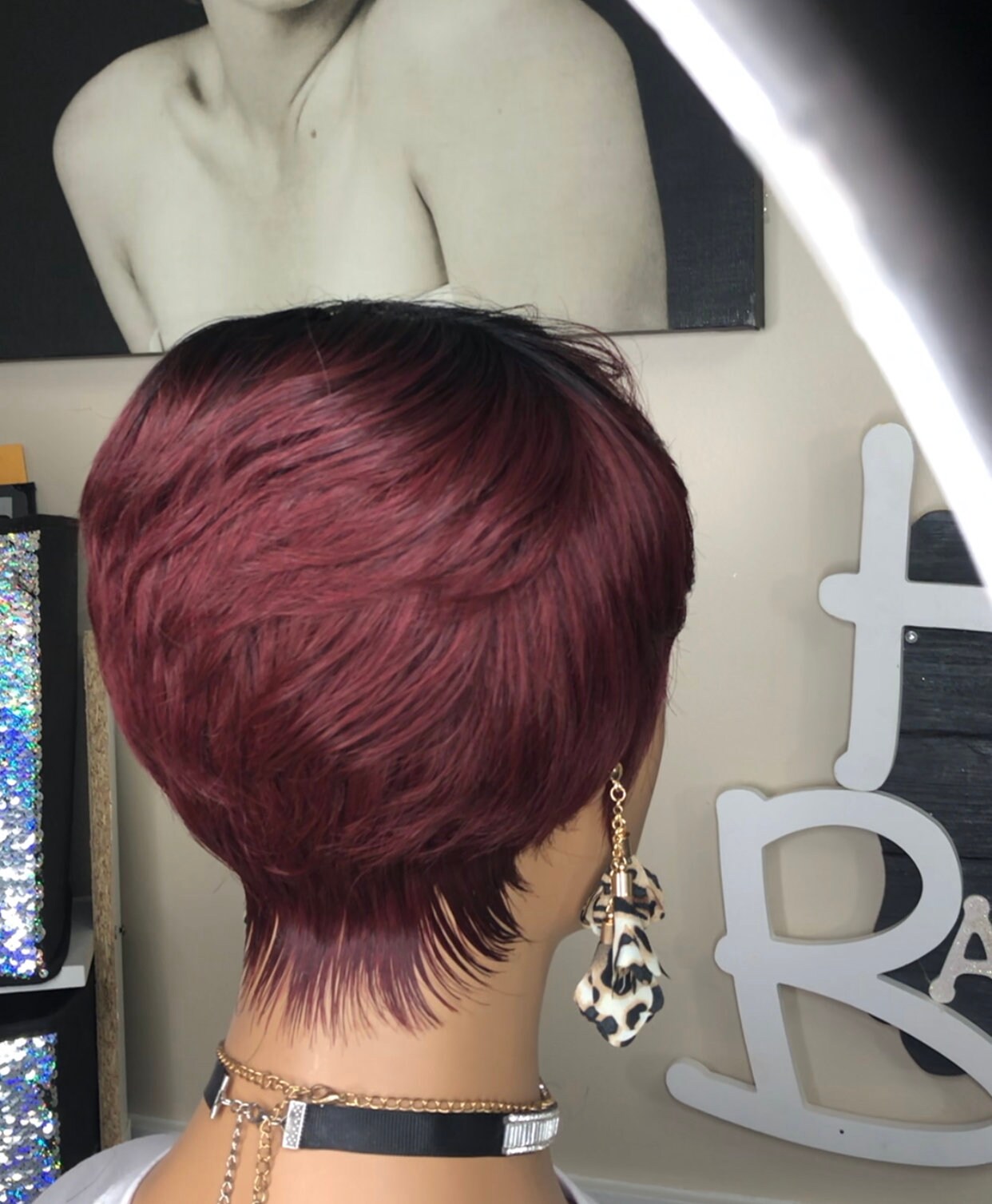 Short Cut Feather Style Full Cap Wig Burgundy Hair Short Razor Cut Wig, Full Cap Wig, Pixie Cut, 100% Human  main image 2