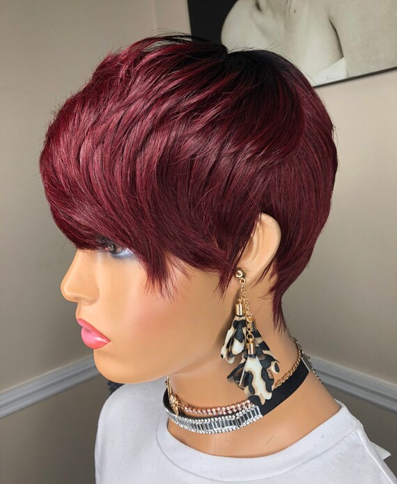 Short Cut Feather Style Full Cap Wig Burgundy Hair Short Razor Cut Wig, Full Cap Wig, Pixie Cut, 100% Human  main image 4
