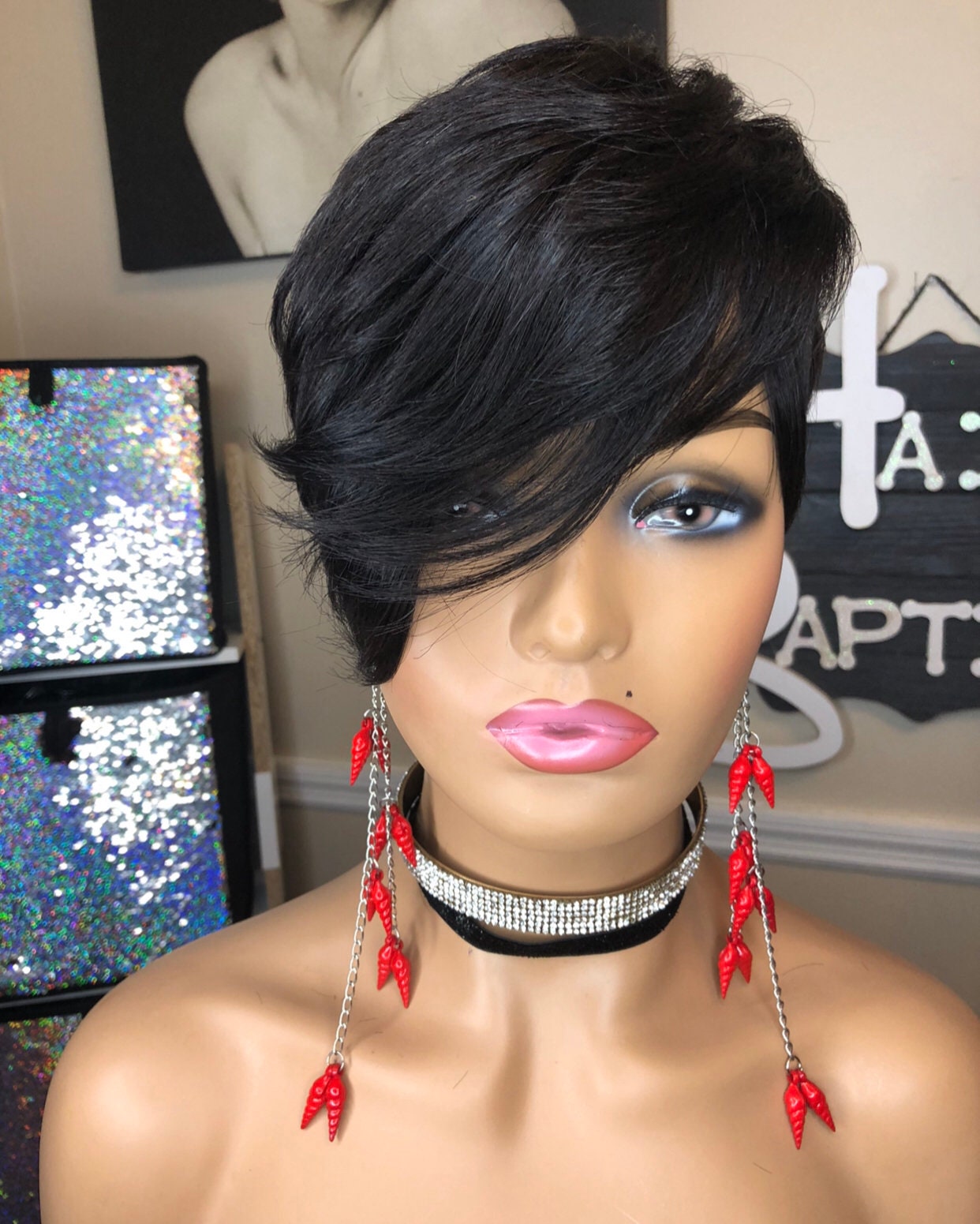 Short Wig/ Simple Pixie Cut/ Feather Bang/natural Black/non 
