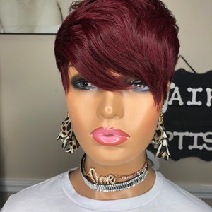 WIG/ Short/ Human Hair with CHOPPY Feathered bang Burgundy maroon w/dark root/ no lace Full Cap Wig