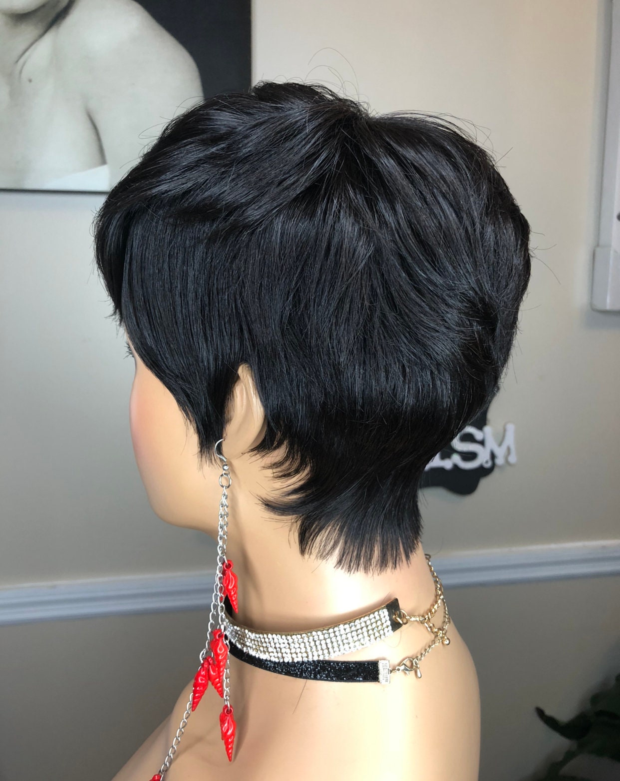 Short Cut Feather Style Full Cap Wig Black Hair Black Feather Wig - Etsy main image 3
