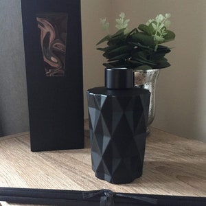 May include: A black geometric diffuser bottle with a matching lid, a black box with a decorative window, and a bundle of black diffuser sticks. A small silver vase with green and white plants is also present.