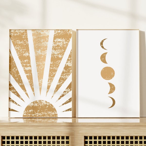 Sun And Moon Print, Set Of 2 Prints, Unframed 4x6/5x7/8x10/A6/A5/A4/A3/A2/A1, Neutral Boho Home Decor, Kitchen/Living Room Wall Art