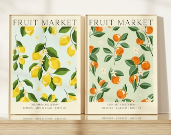 Lemon and Orange Fruit Market Set of 2 Prints: Vintage Kitchen Cottagecore Art