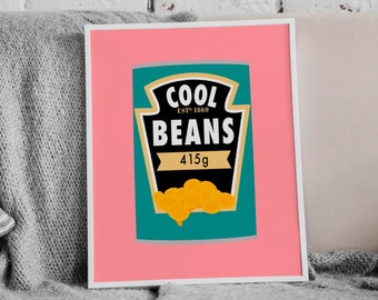 Colourful Cool Beans Art Print, Unframed 4x6/5x7/8x10/A6/A5/A4/A3/A2/A1, Kitchen/Bedroom/Living Room Pink Art Print, Eclectic Home Decor