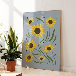 Blue Sunflower Print: Boho Botanical Gallery Wall Art