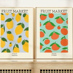 Láminas de mercado de frutas, juego de 2 láminas, láminas de limón y naranja, arte mural para la cocina, ilustración gastronómica, arte colorido, sin marco, tamaño A4-A1, 12,7 x 18,8 cm - 61 x 91,4 cm