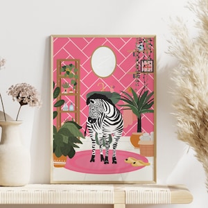 Zebra in Bathroom Print: Pink Botanical, Boho Jungle Decor