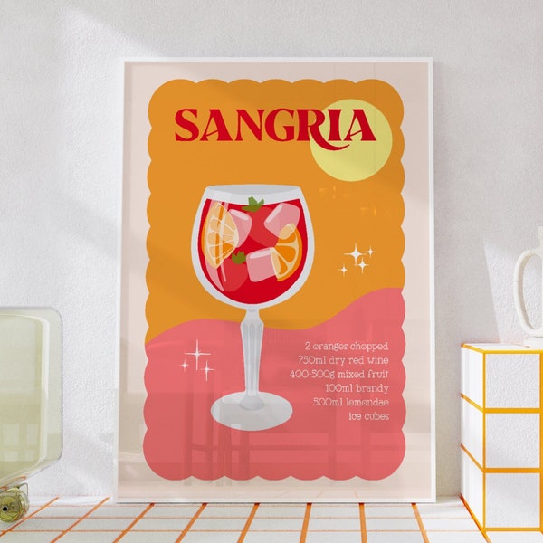 Sangria Cocktail Print, Unframed 4x6/5x7/8x10/A6/A5/A4/A3/A2/A1, Fun Summer Kitchen Print, Pink And Orange Art, Vibrant Colourful Wall Art