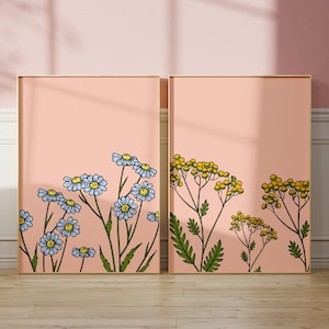 Flower Wall Art, Set Of 2 Prints, Unframed 4x6/5x7/8x10/A6/A5/A4/A3/A2/A1, Pink Art Print, Botanical Decor, Gallery Wall, Illustration