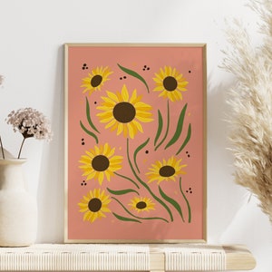 Sunflower Print Pink Boho Wall Art, Unframed 4x6/5x7/8x10/A6/A5/A4/A3/A2/A1, Colourful Home Decor Botanical Gallery Wall Art Print image 2