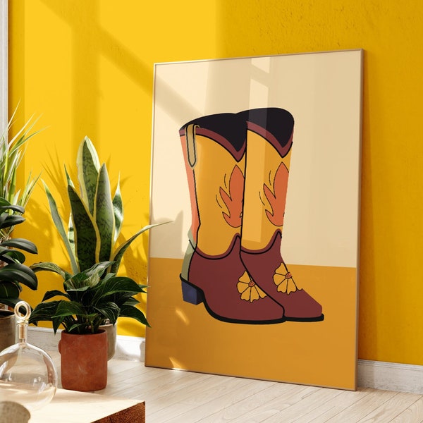 Cowboy Boots Print, Retro Wall Art, Unframed 4x6/5x7/8x10/A6/A5/A4/A3/A2/A1, Western Print, Home Decor, Boho Wall Art, Illustration