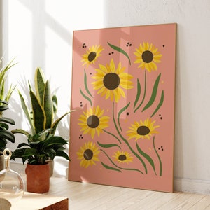 Sunflower Print Pink Boho Wall Art, Unframed 4x6/5x7/8x10/A6/A5/A4/A3/A2/A1, Colourful Home Decor Botanical Gallery Wall Art Print image 1