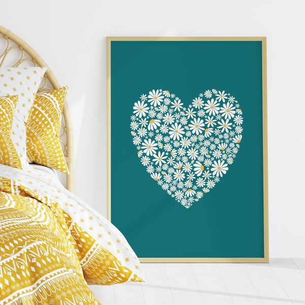 Daisy Wall Art, Heart Print, Unframed 4x6/5x7/8x10/A6/A5/A4/A3/A2/A1, Bedroom/Nursery/Kitchen Print, Gallery Wall, Cute Art Print