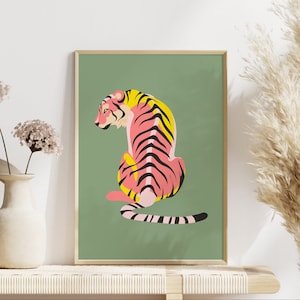 Impresión de tigre verde, impresión ilustrada, sin marco, tamaño A4-A1, 8x10-24x36, arte selvático, decoración ecléctica, impresión para sala de estar, arte de pared bohemio