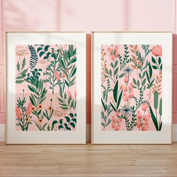 Flower Print Set Of 2, Cottagecore, Unframed 4x6/5x7/8x10/A6/A5/A4/A3/A2/A1, Pink Botanical Print, Gallery Wall, Wildflower Art Prints