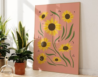 Sunflower Print Pink Boho Wall Art, Unframed 4x6/5x7/8x10/A6/A5/A4/A3/A2/A1, Colourful Home Decor Botanical Gallery Wall Art Print