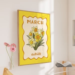 Geburtsblumendruck März, ungerahmt A4-A1, 8x10-24x36, lebhafte gelbe Narzissen-Kunstillustration, Schlafzimmer-/Küchenwandkunst