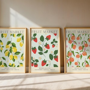 Set de 3 láminas retro de mercado de frutas: Arte colorido para la pared de la cocina