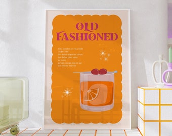 Old Fashioned Cocktail Print, Unframed 4x6/5x7/8x10/A6/A5/A4/A3/A2/A1, Retro Kitchen Bar Print, Colourful Orange Drinks Print, Fun Wall Art