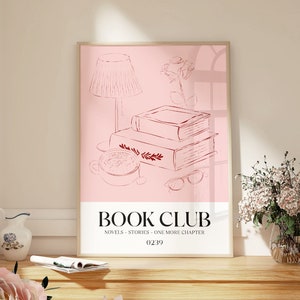 Book Club Print, Unframed 4x6/5x7/8x10/A6/A5/A4/A3/A2/A1, Book Worm Illustration Art, Bedroom/Living Room Bookish Poster, Green/Pink/White