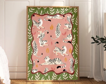 Tiger Maximalist Wall Art Print, Unframed 4x6/5x7/8x10/A6/A5/A4/A3/A2/A1, Pink And Green Jungle Safari Decor, Bedroom/Bathroom/Kitchen Print