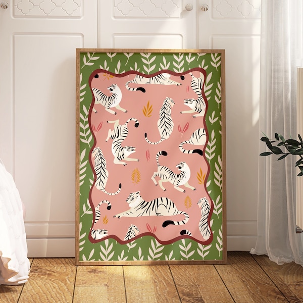 Tiger Maximalist Wall Art Print, Unframed 4x6/5x7/8x10/A6/A5/A4/A3/A2/A1, Pink And Green Jungle Safari Decor, Bedroom/Bathroom/Kitchen Print