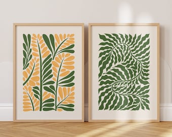 Yellow Flower And Lef Set Of 2 Abstract Prints, Unframed 4x6/5x7/8x10/A6/A5/A4/A3/A2/A1, Boho Yellow And Green Botanical Gallery Wall Decor