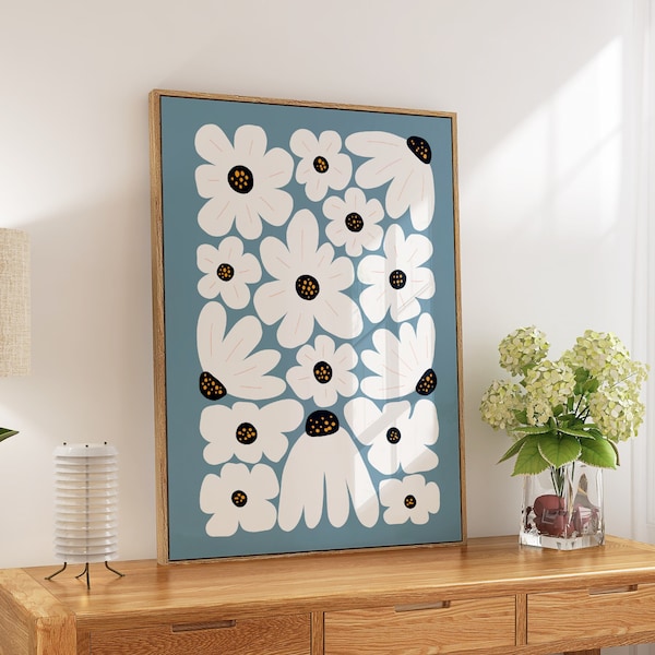 Blue Abstract Flower Prints, Unframed 4x6/5x7/8x10/A6/A5/A4/A3/A2/A1, Colourful Gallery Wall Art, Bathroom/Bedroom/Kitchen/Living Room