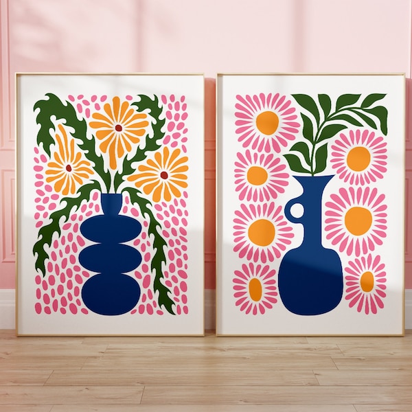 Flowers In Blue Vase Set Of 2 Prints, Unframed 4x6/5x7/8x10/A6/A5/A4/A3/A2/A1, Abstract Pink Yellow Flower Wall Art, Living Room/Bedroom