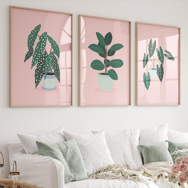 Set de 3 láminas de plantas en tonos pastel rosa: Arte botánico moderno para la pared